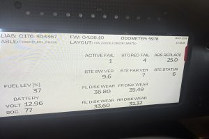 376 Brakes – Sage Auto Sport Dashboard-style diagnostic screen showing odometer 5978, firmware 04.06.10, layout F296CHP_BAR.fbo and fuel level around 37%.