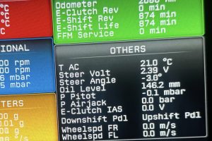 Screenshot – Sage Auto Sport Vehicle diagnostic screen showing lifetimes and other car metrics; Odometer 2086 km, E-Clutch/E-Shift revs and life, and service time (Bosch display).